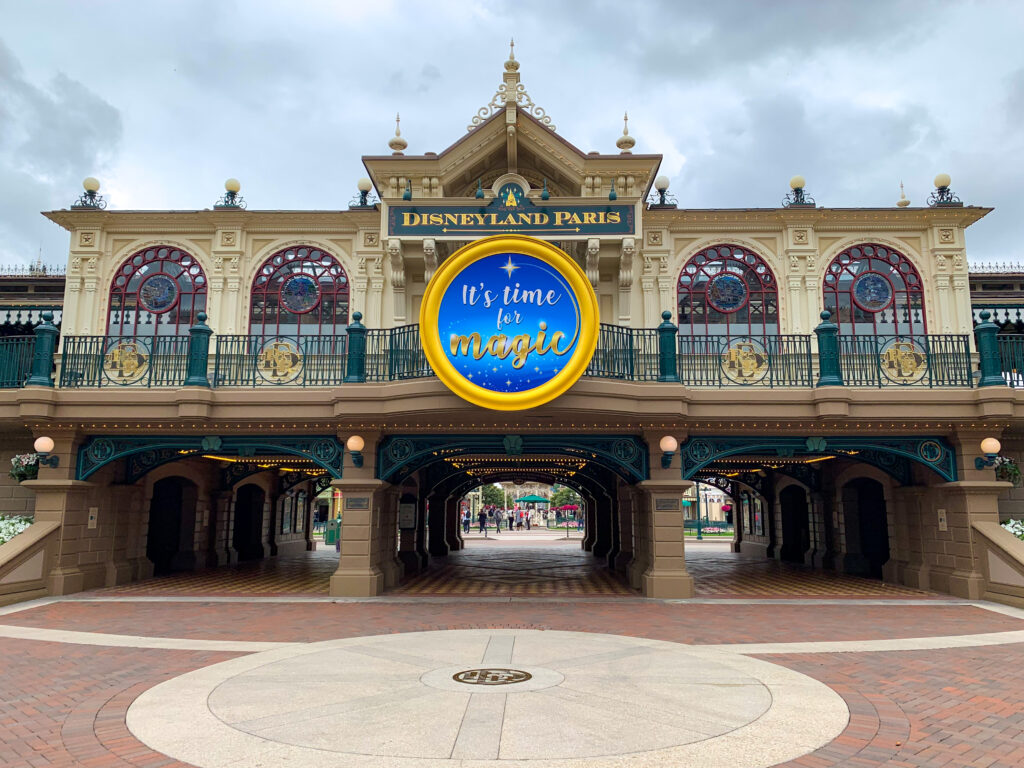 Main Street Station features “it’s time for magic” signage to mark the Disneyland Paris reopening