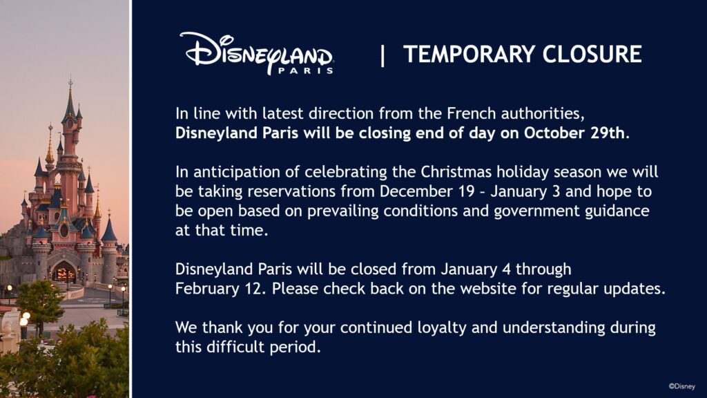 Official statement from Disneyland Paris on the closure of the resort from 30th October until February 2021