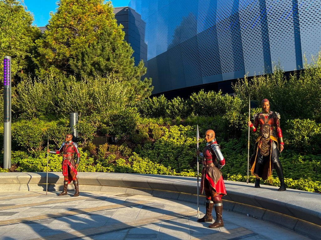 The Dora Milaje teach guests how to wield their spears like a true Wakandan
